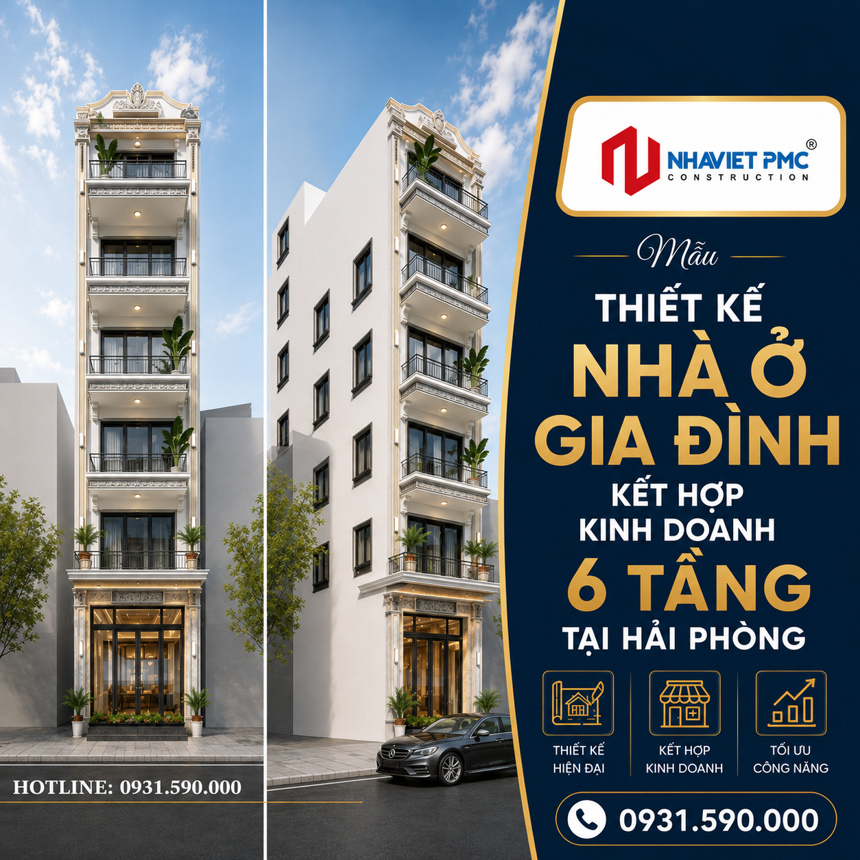 Mẫu Thiết kế nhà ở gia đình kết hợp kinh doanh 6 tầng tại Hải Phòng