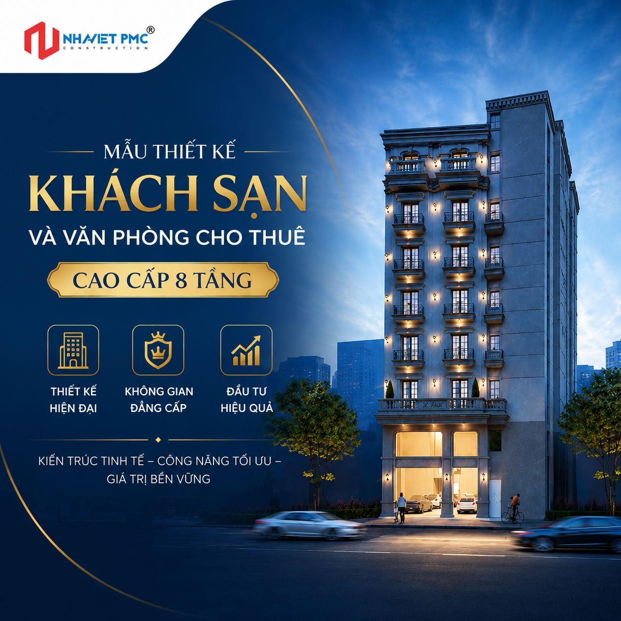 Mẫu thiết kế khách sạn  và văn phòng cho thuê cao cấp 8 tầng –  Dấu ấn kiến trúc Tân cổ điển giữa trung tâm đô thị