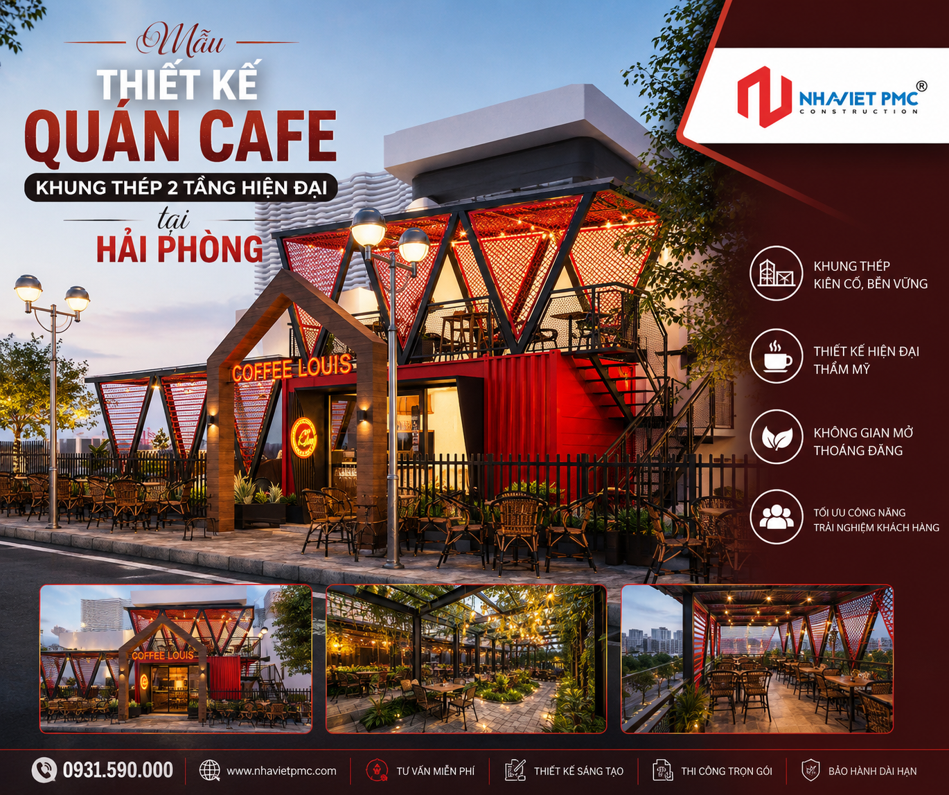 Thiết kế Quán Cafe khung thép 2 Tầng hiện đại tại Hải Phòng