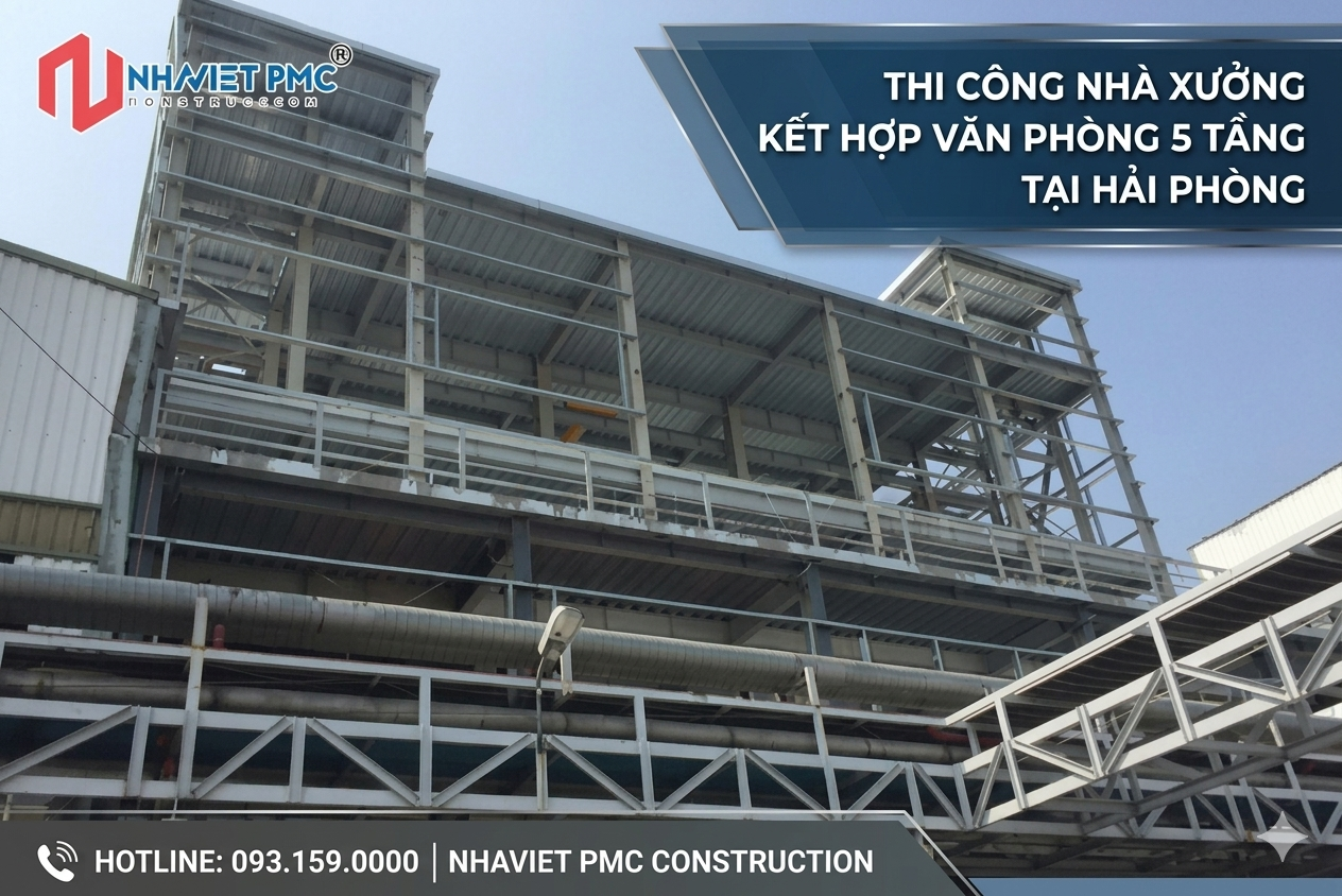 THI CÔNG NHÀ XƯỞNG KẾT HỢP VĂN PHÒNG 5 TẦNG TẠI HẢI PHÒNG