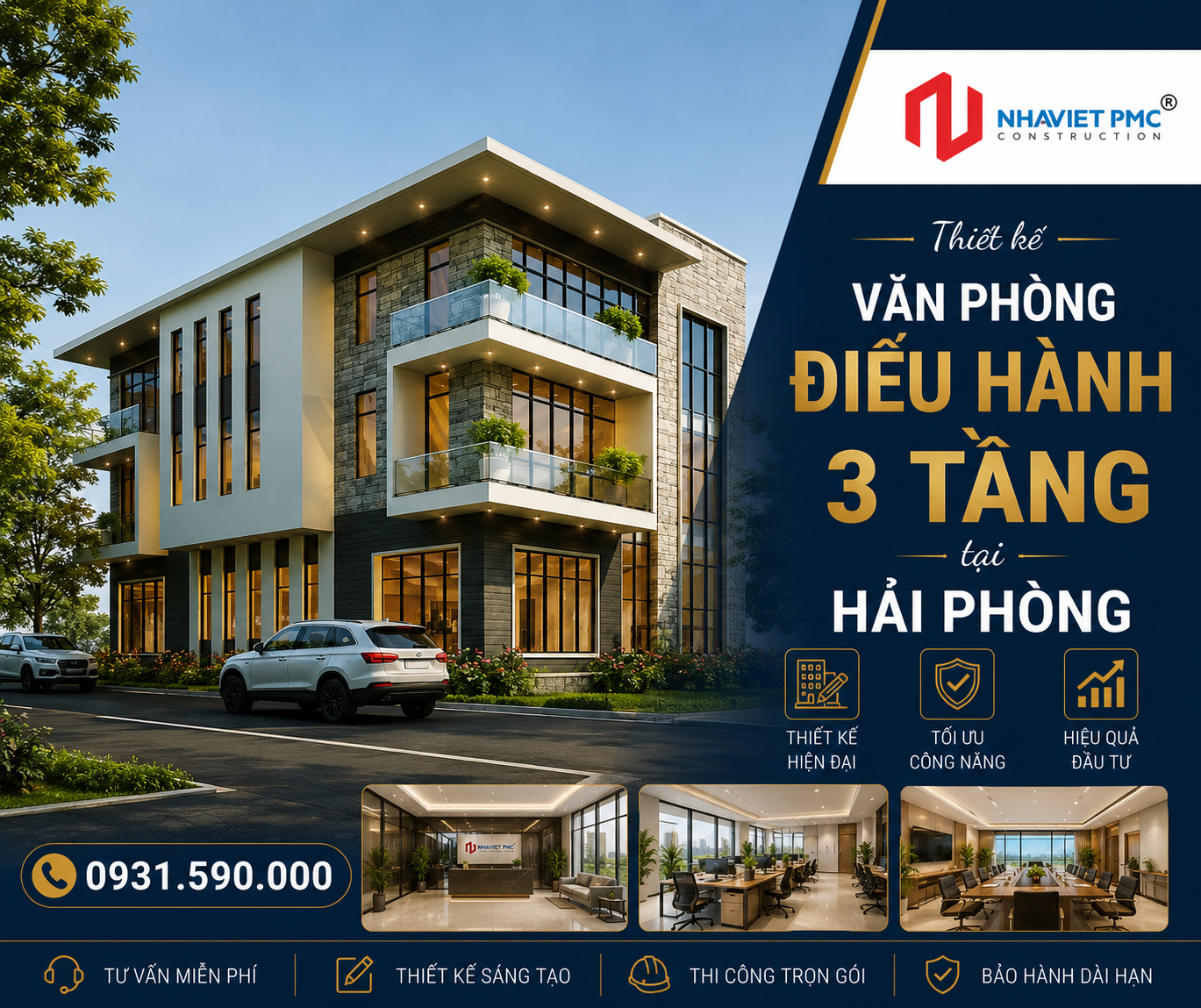 Thiết kế văn phòng điều hành 3 tầng tại Hải Phòng