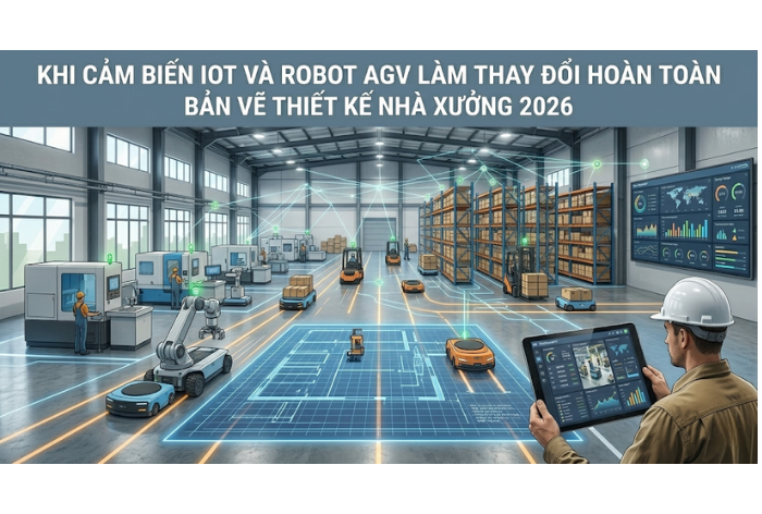 Khi cảm biến IoT và Robot AGV làm thay đổi hoàn toàn bản vẽ thiết kế nhà xưởng 2026