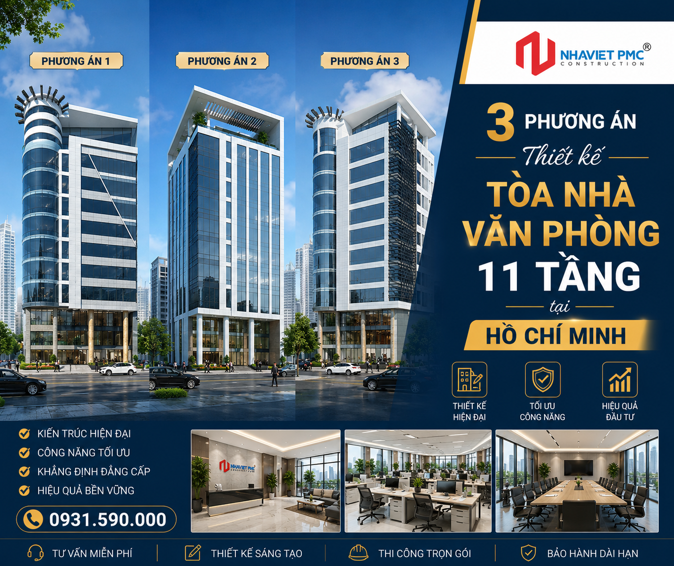 3 phương án thiết kế tòa nhà văn phòng 11 tầng tại Hồ Chính Minh