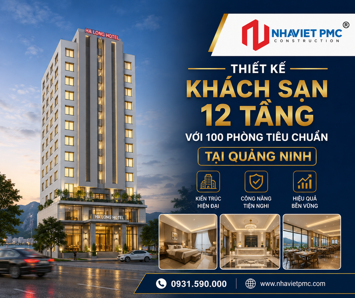 Thiết kế khách sạn 12 tầng với 100 phòng tiêu chuẩn tại Quảng Ninh