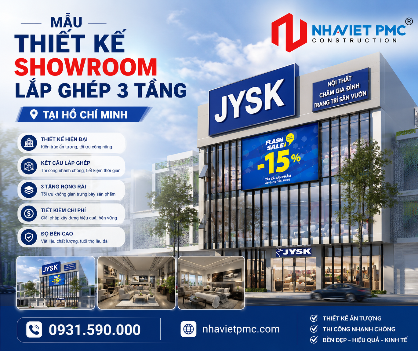 Thiết kế showroom lắp ghép 3 tầng tại Hồ Chí Minh