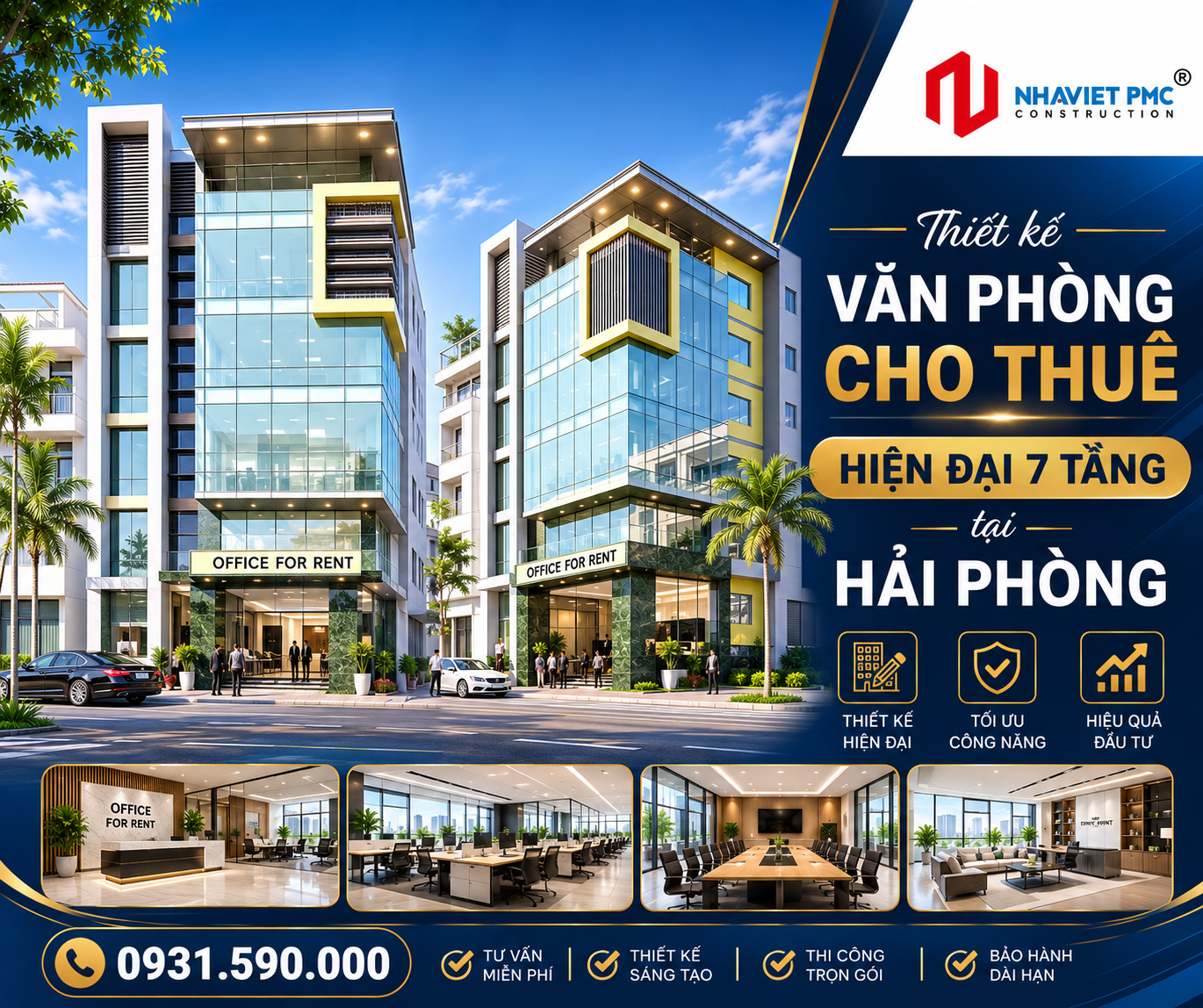Thiết kế văn phòng cho thuê hiện đại 7 tầng tại Hải Phòng