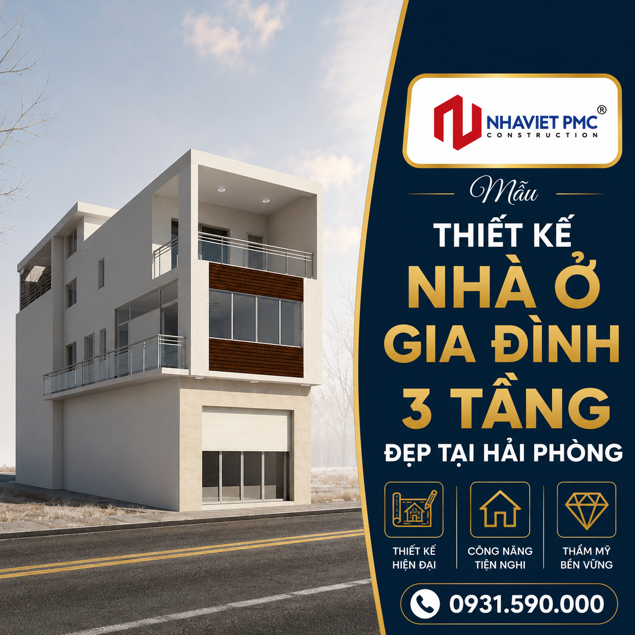 Thiết kế nhà ở gia đình 3 tầng đẹp tại Hải Phòng