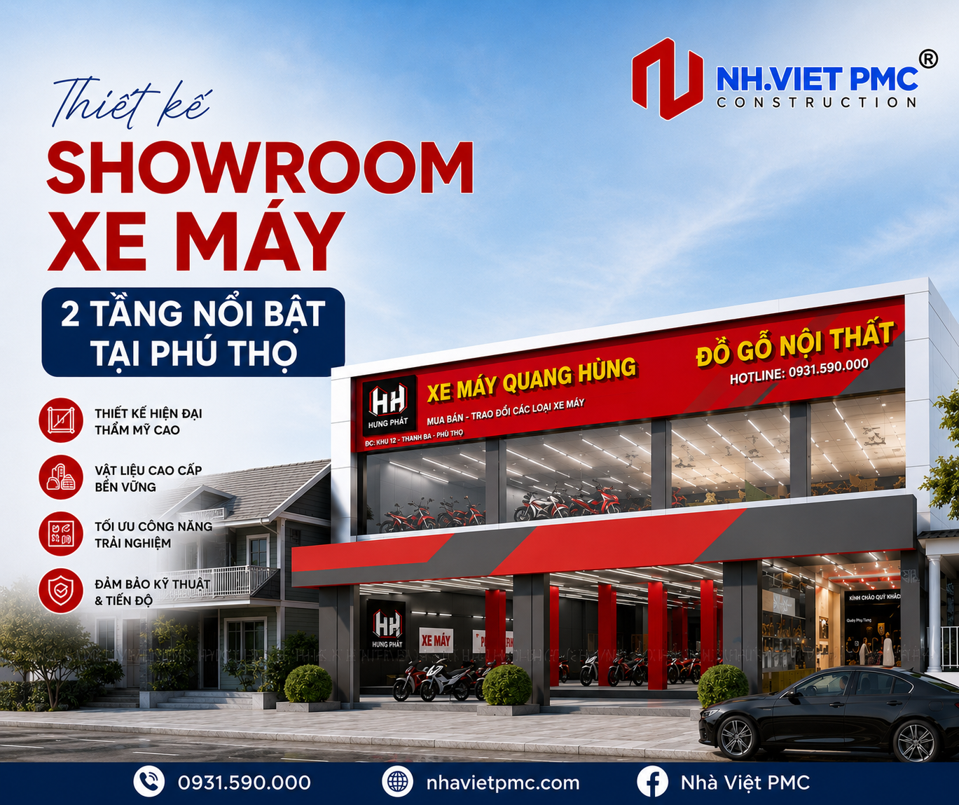 Thiết kế showroom xe máy 2 tầng nổi bật tại Phú Thọ