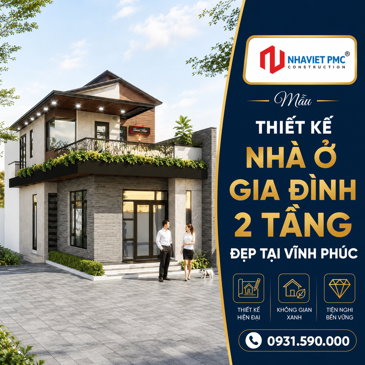 Thiết kế nhà ở gia đình 2 tầng đẹp tại Vĩnh Phúc