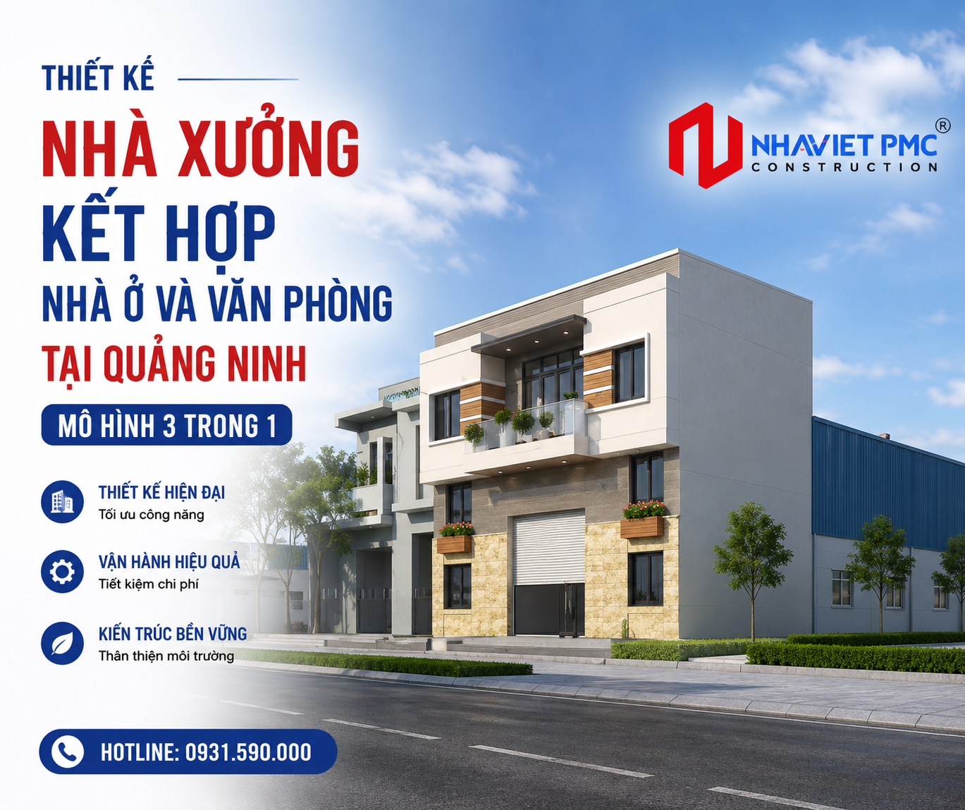 Thiết kế nhà xưởng kết hợp nhà ở và văn phòng tại Quảng Ninh - Mô hình 3 trong 1