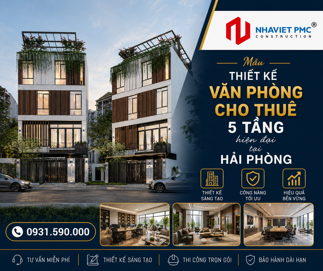 Đậm chất xanh với Thiết kế văn phòng cho thuê 5 tầng hiện đại tại Hải phòng