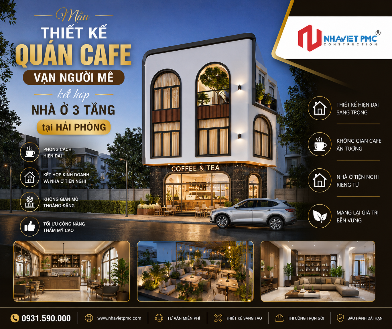 Thiết kế Quán Cafe vạn người mê kết hợp nhà ở 3 tầng tại Hải Phòng