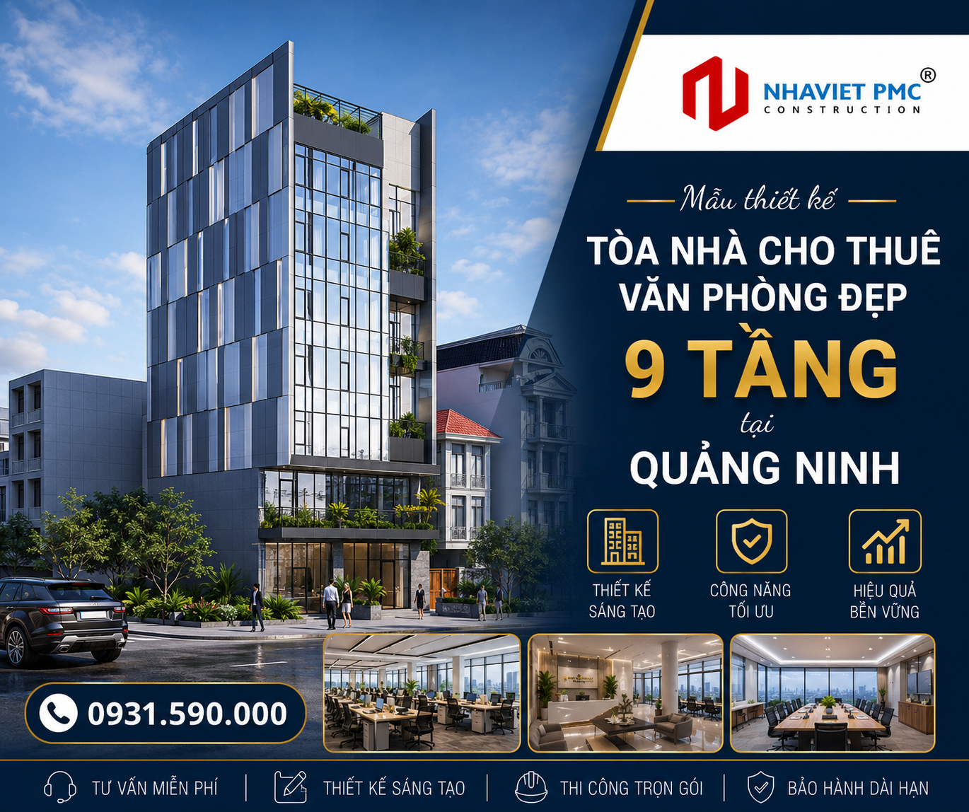 Mẫu thiết kế tòa nhà cho thuê văn phòng đẹp 9 tầng tại Quảng Ninh